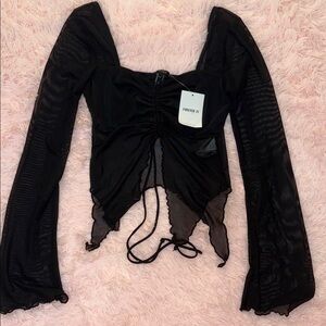 Forever 21 Black Sheer Ruched Tie-Front Long Sleeve Crop Top